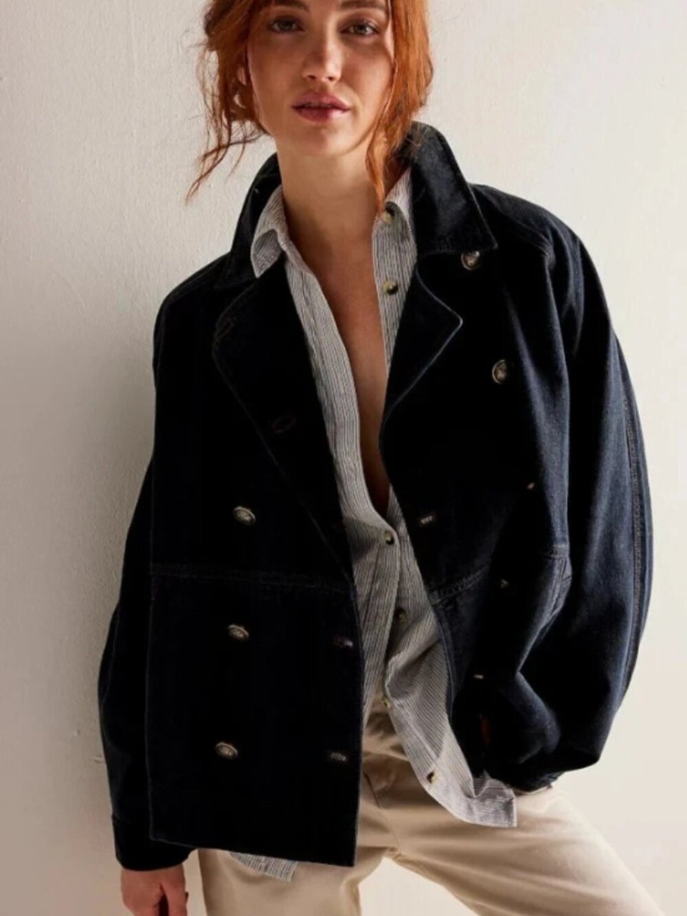 Free People Black Oversized Double-Breasted Denim Jacket
